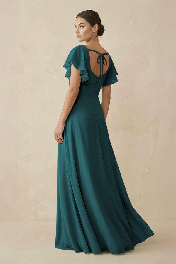 Chiffon A-Line Long Bridesmaid Dress with Flutter Sleeves in Pine, Pine / 0