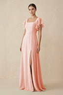 Chiffon A - Line Long Bridesmaid Dress with Flutter Sleeves in Rose Petal - KissProm Bridesmaid Dresses