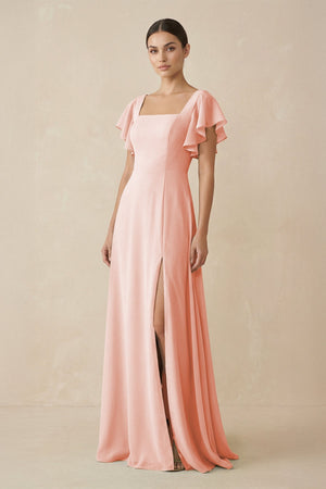 Chiffon A - Line Long Bridesmaid Dress with Flutter Sleeves in Rose Petal - KissProm Bridesmaid Dresses