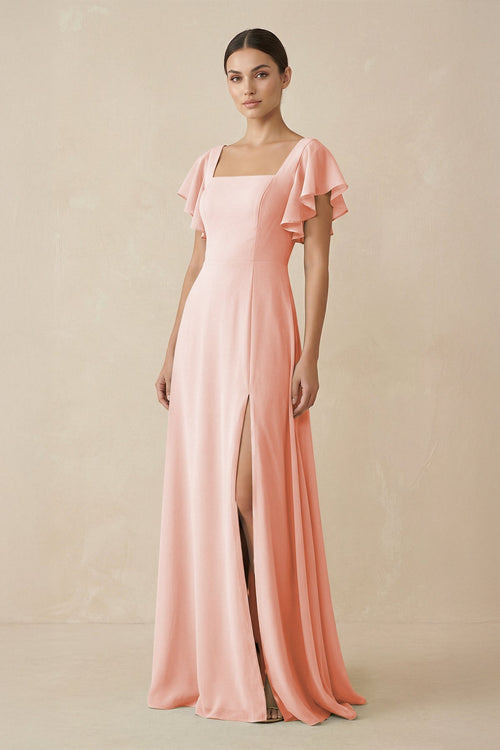 Chiffon A - Line Long Bridesmaid Dress with Flutter Sleeves in Rose Petal - KissProm Bridesmaid Dresses