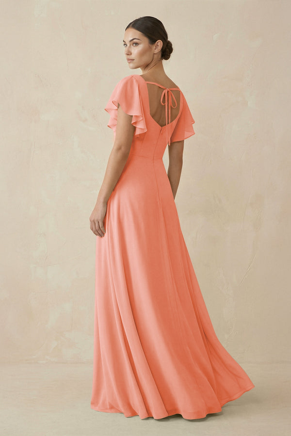 Chiffon A-Line Long Bridesmaid Dress with Flutter Sleeves in Rosette, Rosette / 12 Chiffon A-Line Long Bridesmaid Dress with Flutter Sleeves in Rosette, Rosette / 12