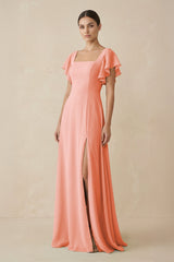 Chiffon A - Line Long Bridesmaid Dress with Flutter Sleeves in Rosette - KissProm Bridesmaid Dresses