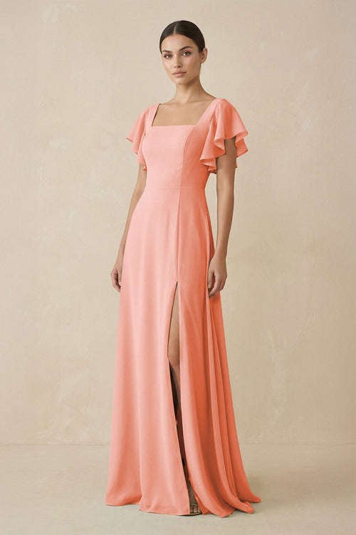 Chiffon A - Line Long Bridesmaid Dress with Flutter Sleeves in Rosette - KissProm Bridesmaid Dresses