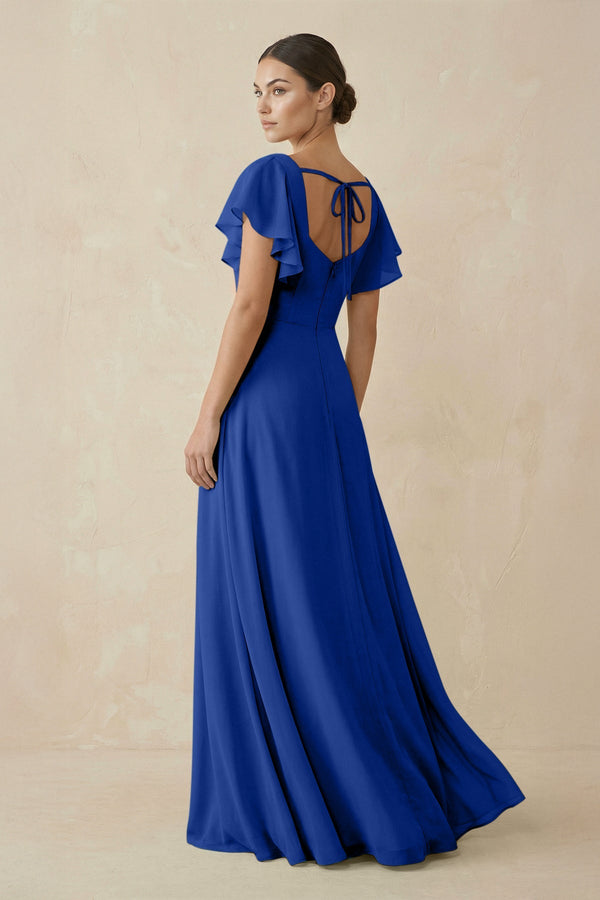 Chiffon A-Line Long Bridesmaid Dress with Flutter Sleeves in Royal Blue, Royal Blue / 16 Chiffon A-Line Long Bridesmaid Dress with Flutter Sleeves in Royal Blue, Royal Blue / 16