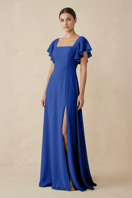 blue satin maxi dress A Line V Neck Navy Blue Satin Long Prom Dress with High Slit, V Neck N –  abcprom