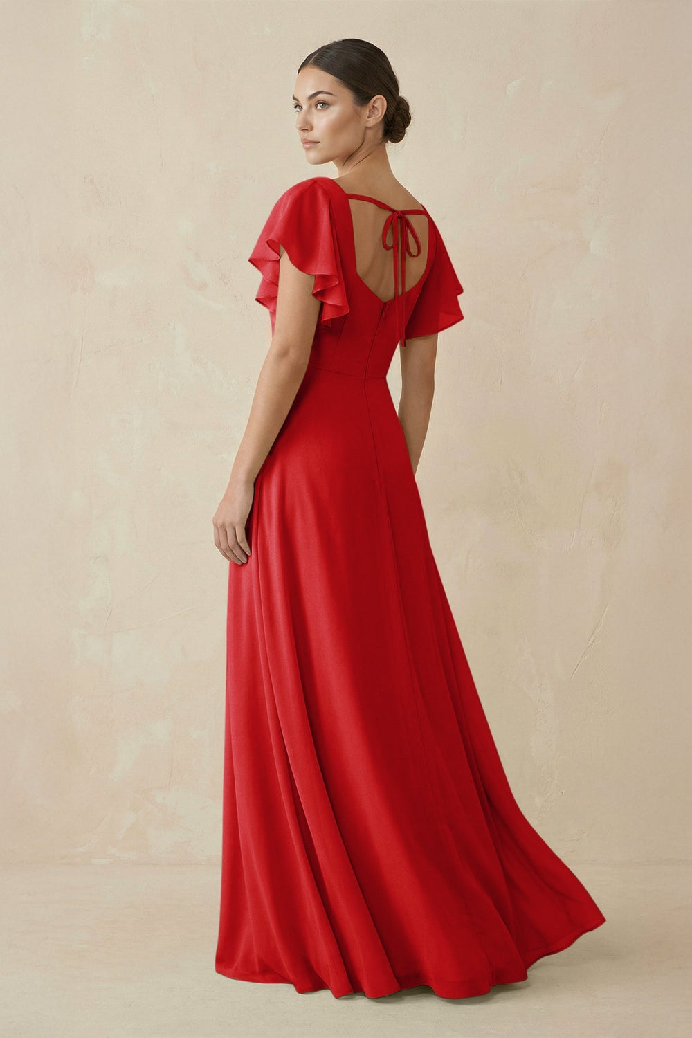 Chiffon A - Line Long Bridesmaid Dress with Flutter Sleeves in Ruby Red - KissProm Bridesmaid Dresses