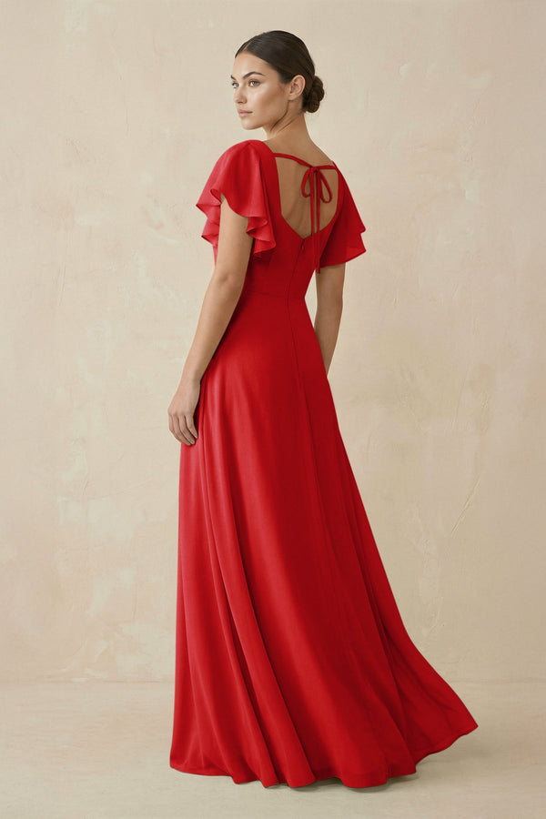 Chiffon A-Line Long Bridesmaid Dress with Flutter Sleeves in Ruby Red, Ruby Red / 8