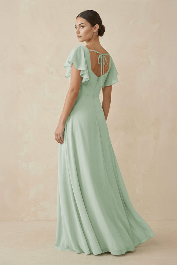 Chiffon A - Line Long Bridesmaid Dress with Flutter Sleeves in Sage - KissProm Bridesmaid Dresses
