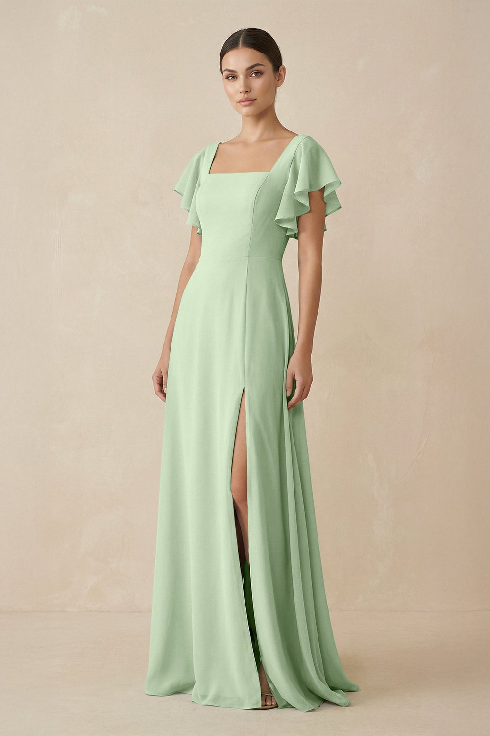 Chiffon A - Line Long Bridesmaid Dress with Flutter Sleeves in Sage - KissProm Bridesmaid Dresses
