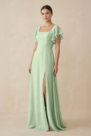 Chiffon A - Line Long Bridesmaid Dress with Flutter Sleeves in Sage - KissProm Bridesmaid Dresses