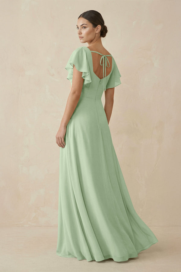 Chiffon A-Line Long Bridesmaid Dress with Flutter Sleeves in Sage, Sage / 28 Chiffon A-Line Long Bridesmaid Dress with Flutter Sleeves in Sage, Sage / 28