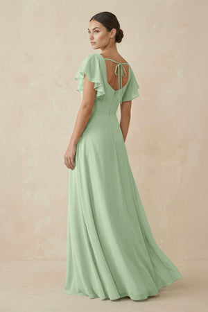 Chiffon A - Line Long Bridesmaid Dress with Flutter Sleeves in Sage - KissProm Bridesmaid Dresses