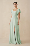 Chiffon A - Line Long Bridesmaid Dress with Flutter Sleeves in Sage - KissProm Bridesmaid Dresses