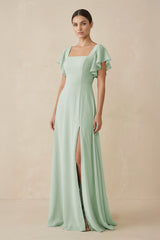 Chiffon A - Line Long Bridesmaid Dress with Flutter Sleeves in Sage - KissProm Bridesmaid Dresses