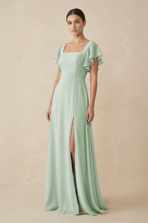 Chiffon A - Line Long Bridesmaid Dress with Flutter Sleeves in Sage - KissProm Bridesmaid Dresses