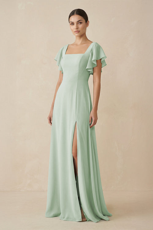 Chiffon A - Line Long Bridesmaid Dress with Flutter Sleeves in Sage - KissProm Bridesmaid Dresses