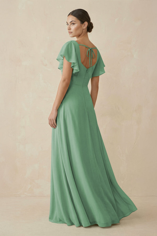 Chiffon A-Line Long Bridesmaid Dress with Flutter Sleeves in Sea Glass, Sea Glass / 2 Chiffon A-Line Long Bridesmaid Dress with Flutter Sleeves in Sea Glass, Sea Glass / 2