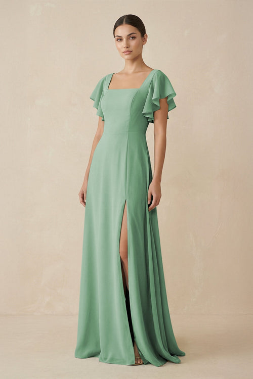 Chiffon A-Line Long Bridesmaid Dress with Flutter Sleeves in Sea Glass, Sea Glass / 2 Chiffon A-Line Long Bridesmaid Dress with Flutter Sleeves in Sea Glass, Sea Glass / 2
