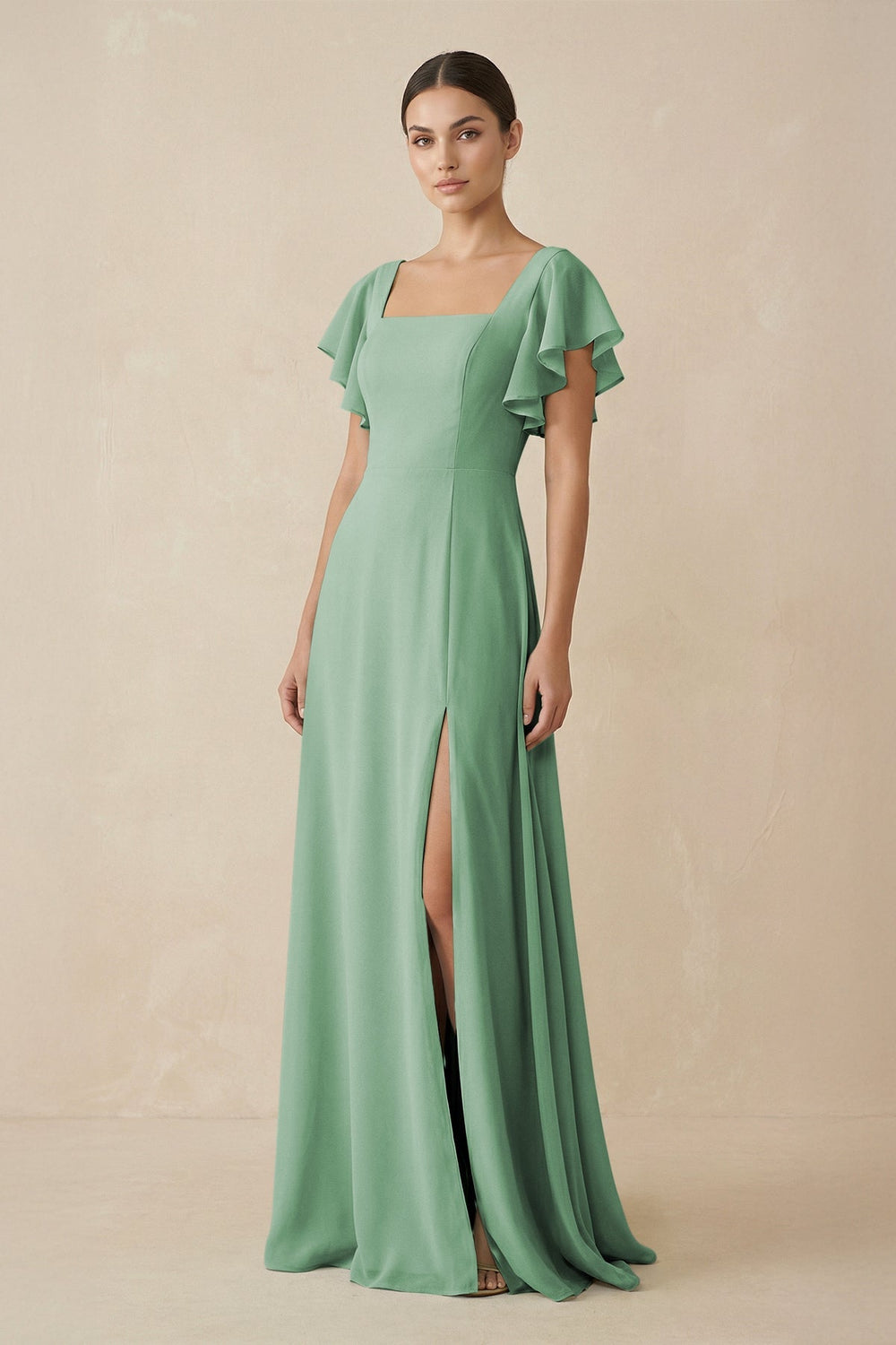 Chiffon A - Line Long Bridesmaid Dress with Flutter Sleeves in Sea Glass - KissProm Bridesmaid Dresses