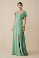 Chiffon A - Line Long Bridesmaid Dress with Flutter Sleeves in Sea Glass - KissProm Bridesmaid Dresses