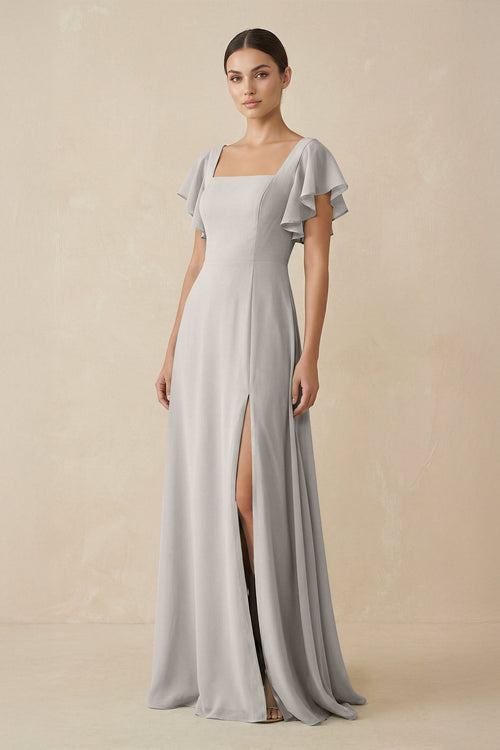 Chiffon A-Line Long Bridesmaid Dress with Flutter Sleeves in Silver, Silver / 24 Chiffon A-Line Long Bridesmaid Dress with Flutter Sleeves in Silver, Silver / 24