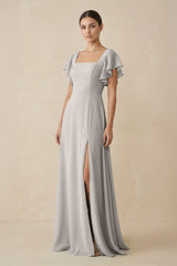 Chiffon A - Line Long Bridesmaid Dress with Flutter Sleeves in Silver - KissProm Bridesmaid Dresses