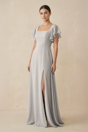 Chiffon A - Line Long Bridesmaid Dress with Flutter Sleeves in Silver - KissProm Bridesmaid Dresses