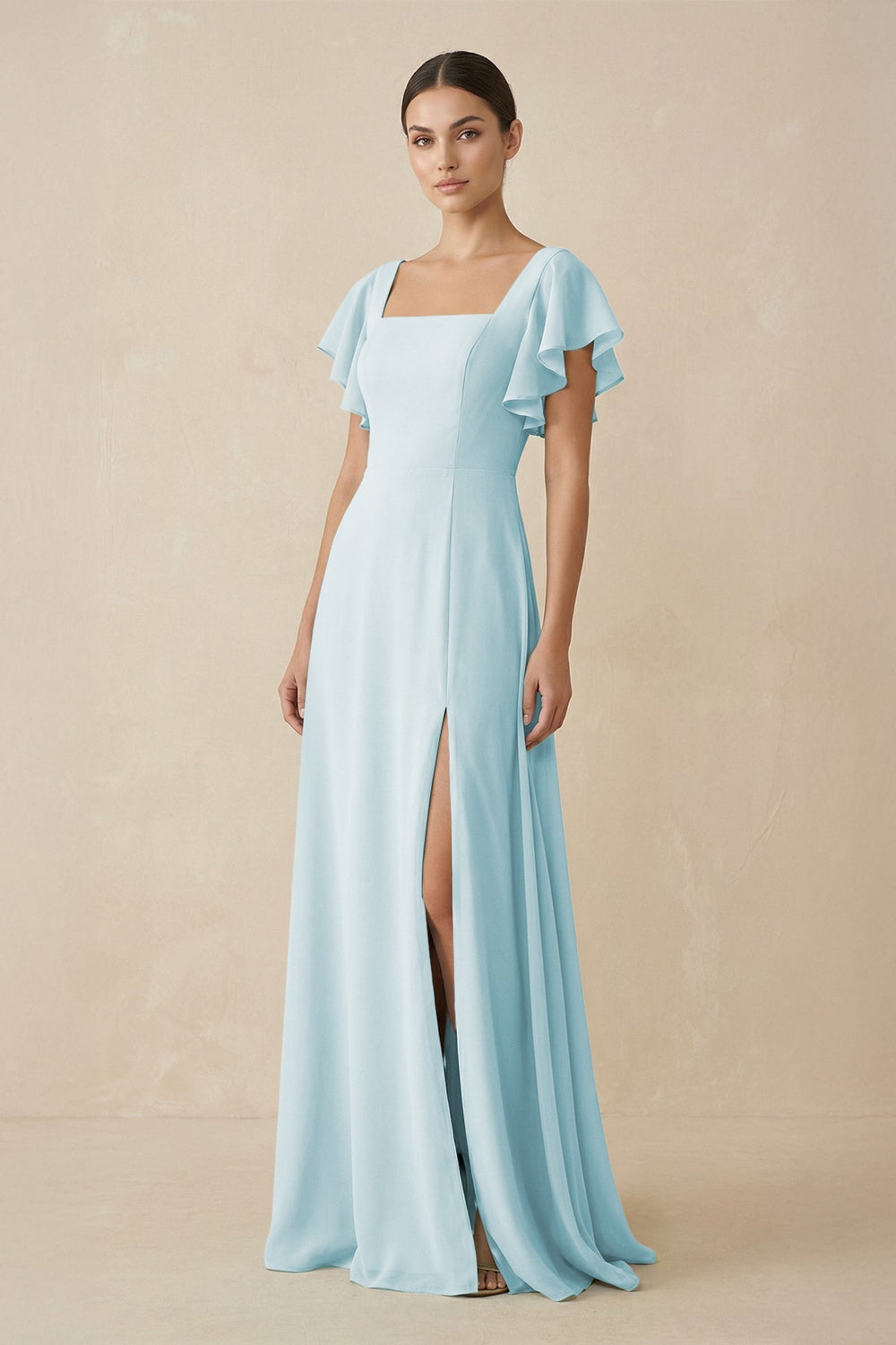 Chiffon A - Line Long Bridesmaid Dress with Flutter Sleeves in Sky Blue - KissProm Bridesmaid Dresses