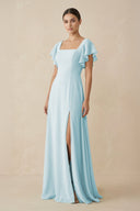 Chiffon A - Line Long Bridesmaid Dress with Flutter Sleeves in Sky Blue - KissProm Bridesmaid Dresses