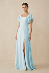 Chiffon A - Line Long Bridesmaid Dress with Flutter Sleeves in Sky Blue - KissProm Bridesmaid Dresses