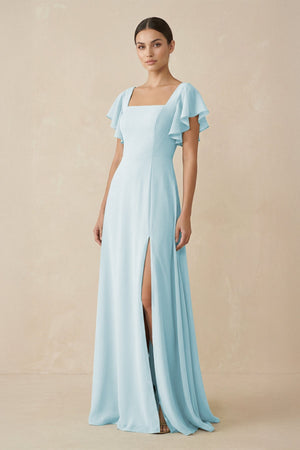 Chiffon A - Line Long Bridesmaid Dress with Flutter Sleeves in Sky Blue - KissProm Bridesmaid Dresses