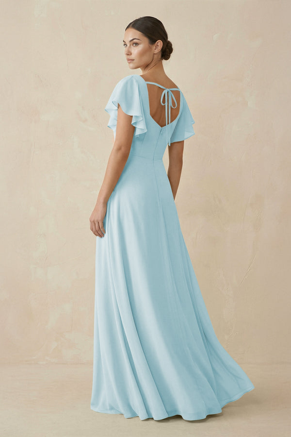 Chiffon A - Line Long Bridesmaid Dress with Flutter Sleeves in Sky Blue - KissProm Bridesmaid Dresses