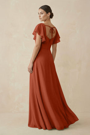 Chiffon A - Line Long Bridesmaid Dress with Flutter Sleeves in Spice - KissProm Bridesmaid Dresses