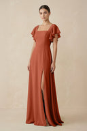 Chiffon A - Line Long Bridesmaid Dress with Flutter Sleeves in Spice - KissProm Bridesmaid Dresses