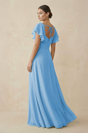 Chiffon A - Line Long Bridesmaid Dress with Flutter Sleeves in Steel Blue - KissProm Bridesmaid Dresses