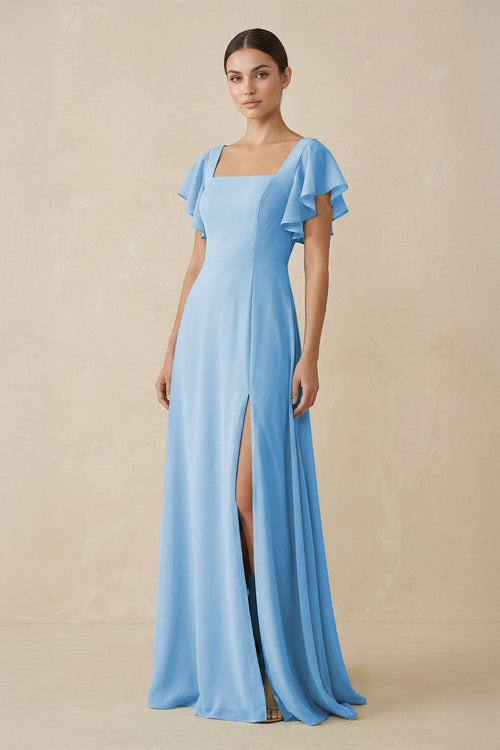 Chiffon A-Line Long Bridesmaid Dress with Flutter Sleeves in Steel Blue, Steel Blue / 12 Chiffon A-Line Long Bridesmaid Dress with Flutter Sleeves in Steel Blue, Steel Blue / 12