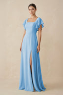 Chiffon A - Line Long Bridesmaid Dress with Flutter Sleeves in Steel Blue - KissProm Bridesmaid Dresses