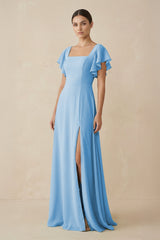 Chiffon A - Line Long Bridesmaid Dress with Flutter Sleeves in Steel Blue - KissProm Bridesmaid Dresses