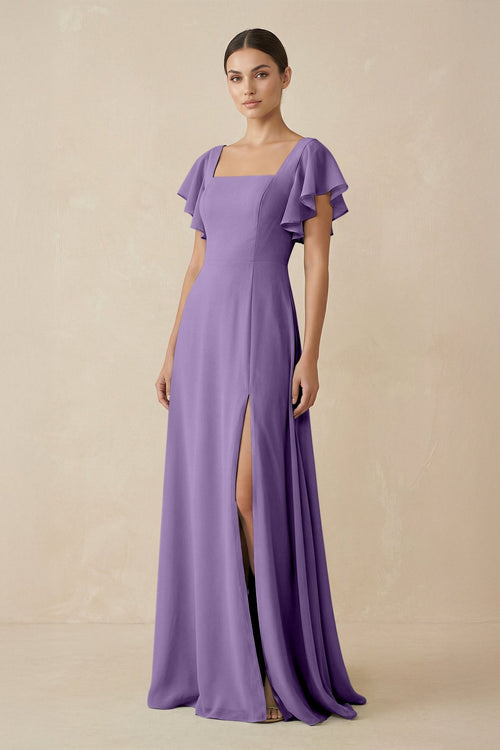 Chiffon A-Line Long Bridesmaid Dress with Flutter Sleeves in Tahiti, Tahiti / 24