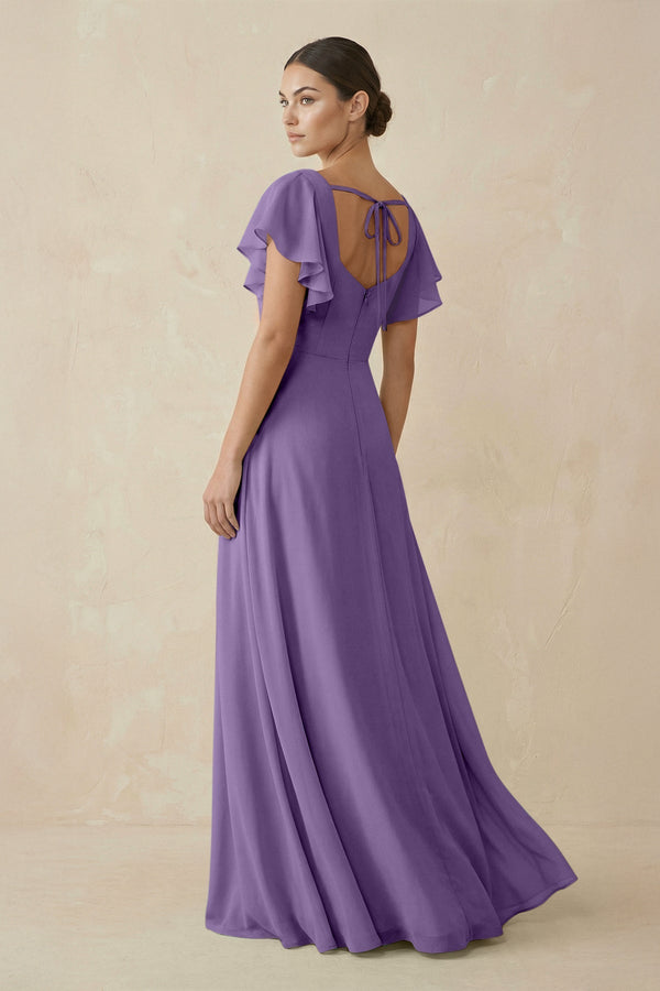 KissProm Chiffon A-Line Long Bridesmaid Dress with Flutter Sleeves in Tahiti, Tahiti / 20