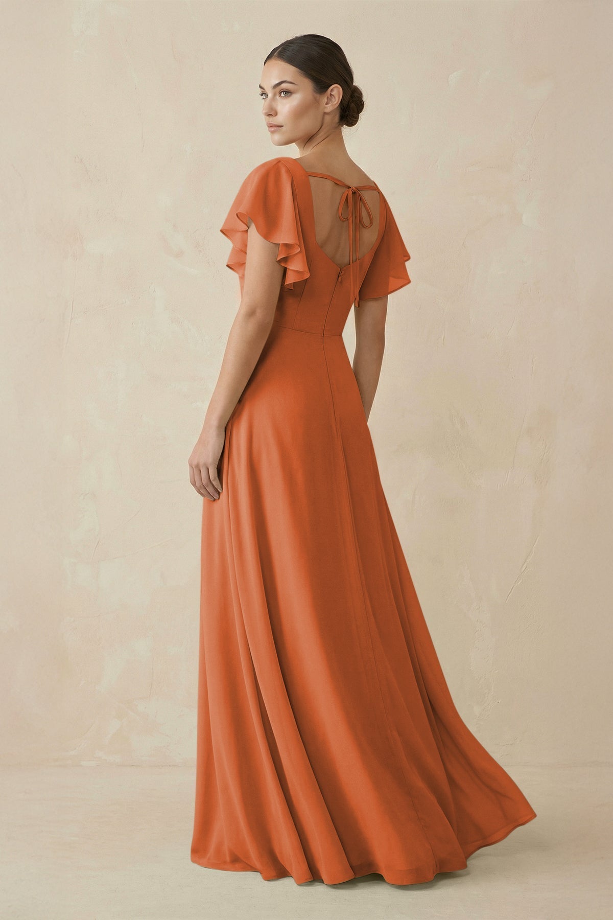 KissProm Chiffon A-Line Long Bridesmaid Dress with Flutter Sleeves in Terracotta, Terracotta / Custom Size( Free )