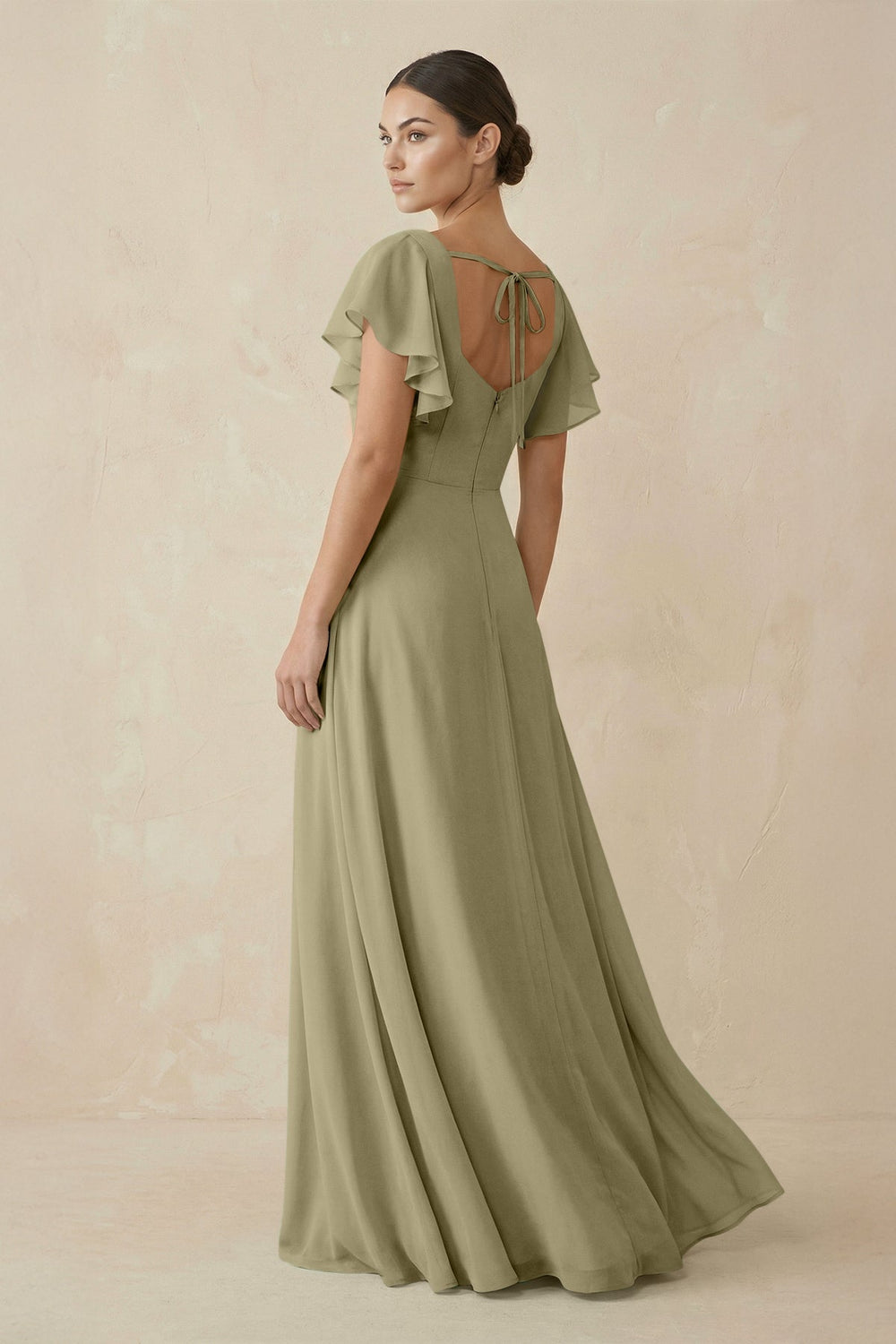 Chiffon A - Line Long Bridesmaid Dress with Flutter Sleeves in Thyme - KissProm Bridesmaid Dresses