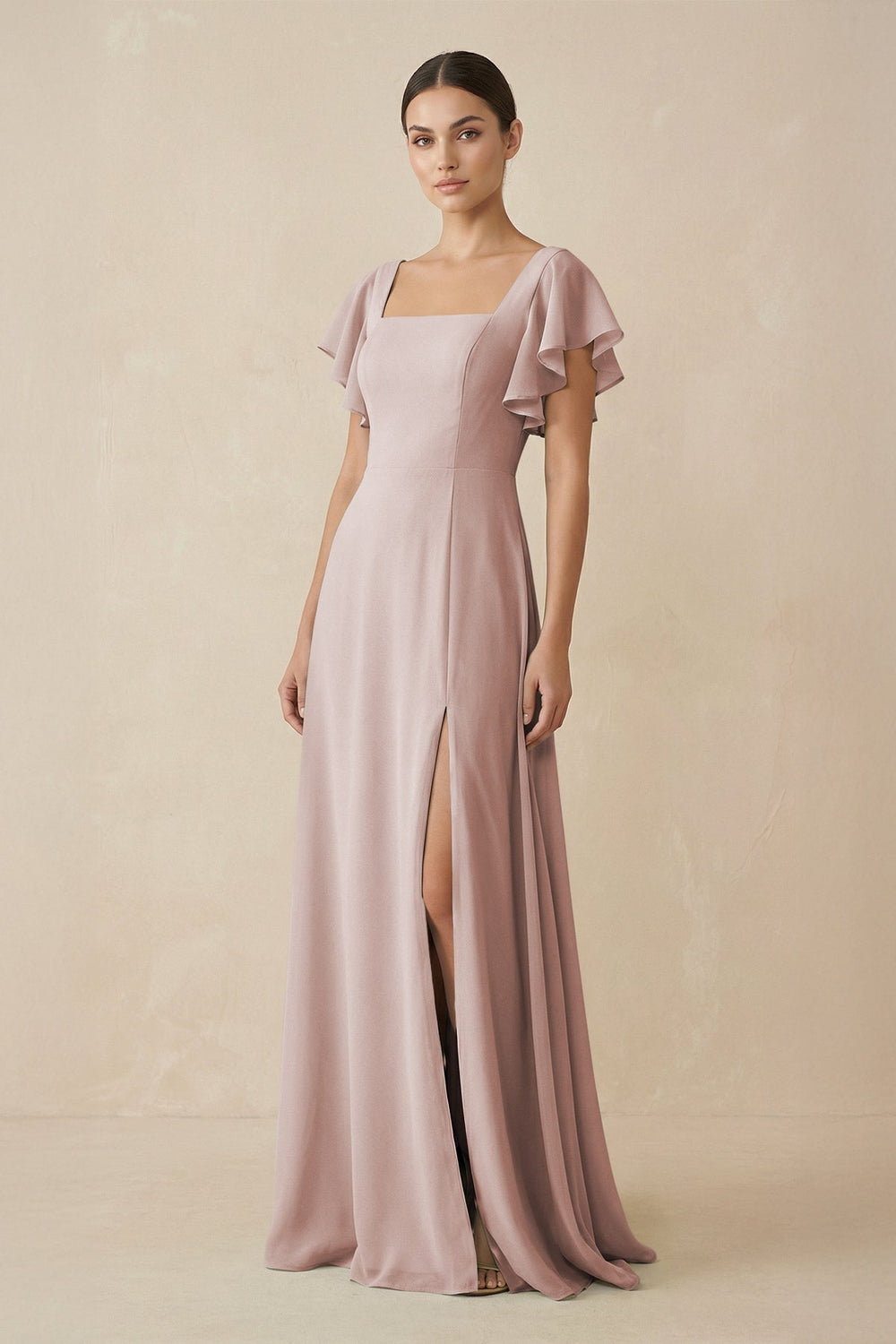 Chiffon A - Line Long Bridesmaid Dress with Flutter Sleeves in Toffee - KissProm Bridesmaid Dresses