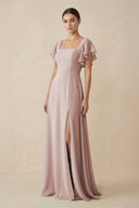 Chiffon A - Line Long Bridesmaid Dress with Flutter Sleeves in Toffee - KissProm Bridesmaid Dresses