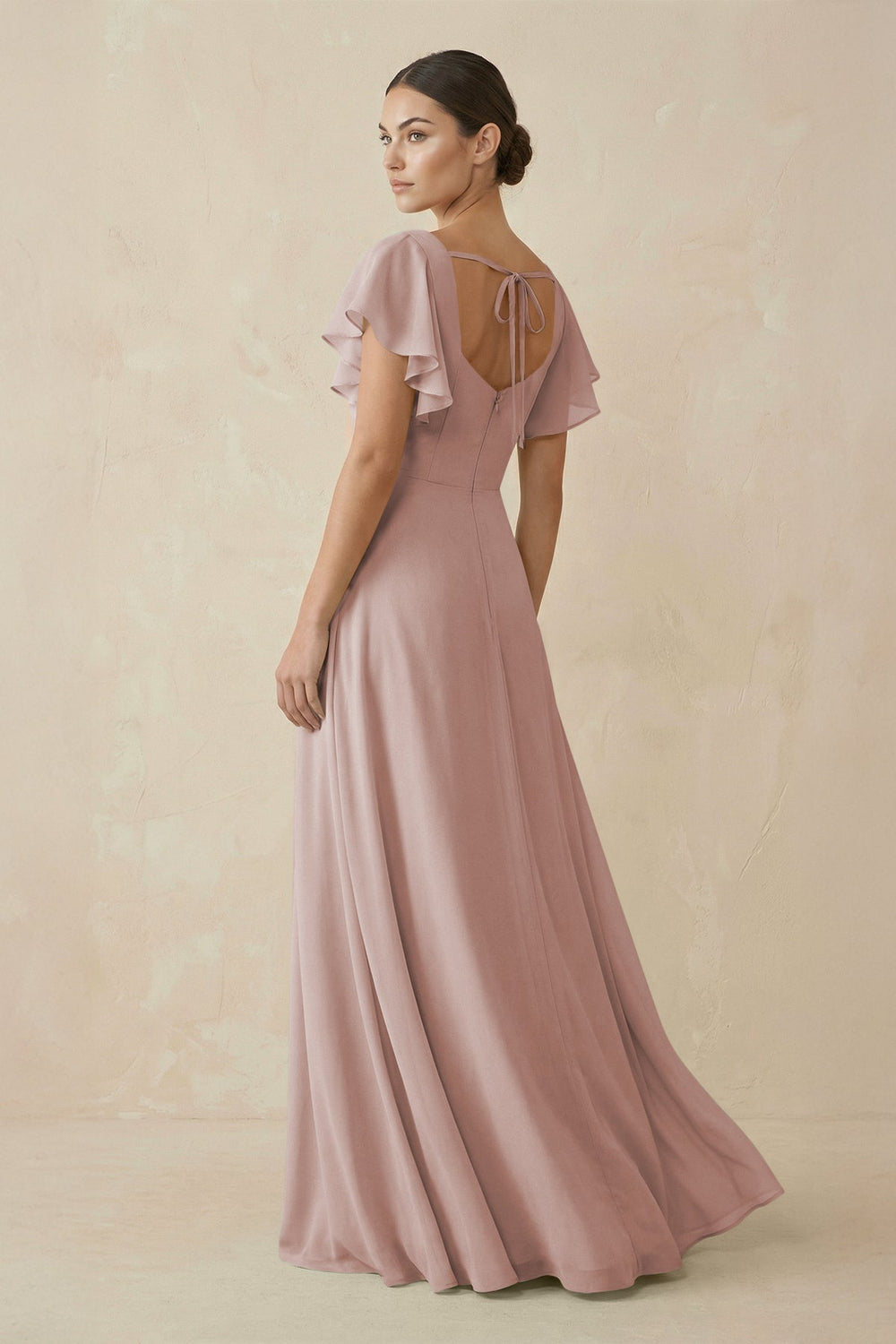 Chiffon A - Line Long Bridesmaid Dress with Flutter Sleeves in Toffee - KissProm Bridesmaid Dresses