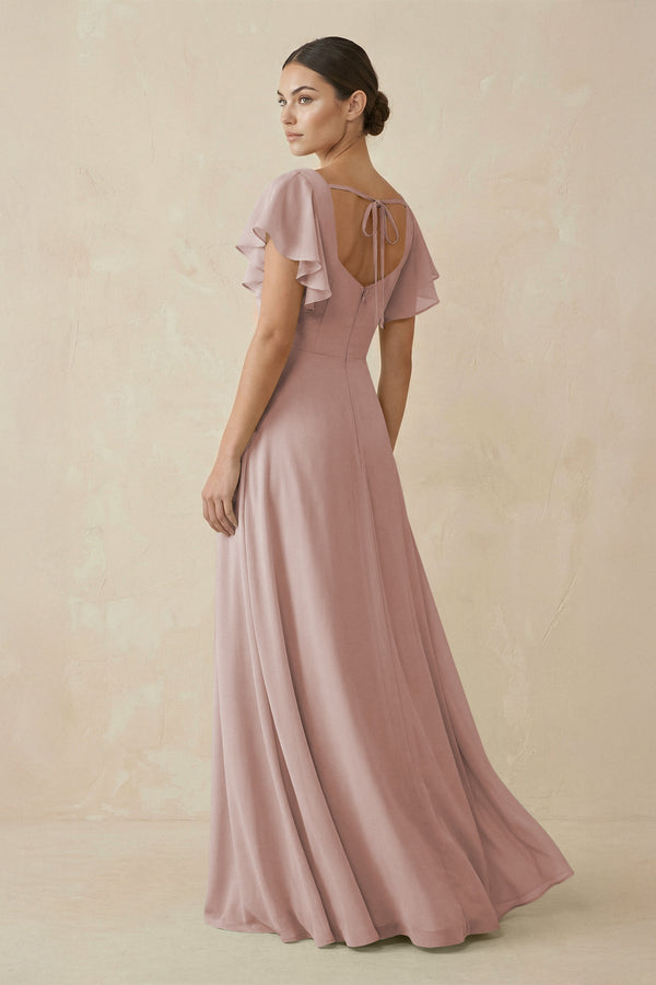 Chiffon A - Line Long Bridesmaid Dress with Flutter Sleeves in Toffee - KissProm Bridesmaid Dresses