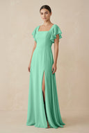 Chiffon A - Line Long Bridesmaid Dress with Flutter Sleeves in Turquoise - KissProm Bridesmaid Dresses