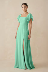 Chiffon A - Line Long Bridesmaid Dress with Flutter Sleeves in Turquoise - KissProm Bridesmaid Dresses