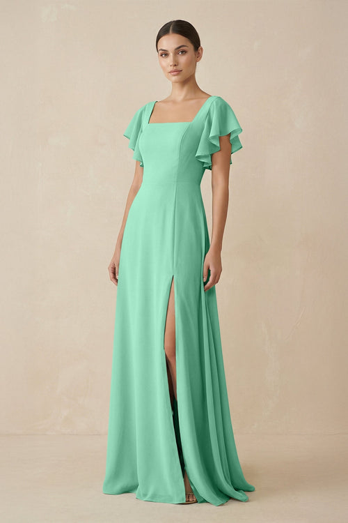 Chiffon A - Line Long Bridesmaid Dress with Flutter Sleeves in Turquoise - KissProm Bridesmaid Dresses