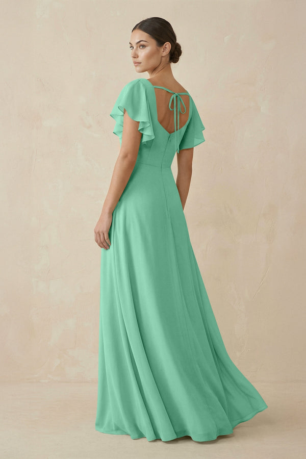 Chiffon A-Line Long Bridesmaid Dress with Flutter Sleeves in Turquoise, Turquoise / 6 Chiffon A-Line Long Bridesmaid Dress with Flutter Sleeves in Turquoise, Turquoise / 6